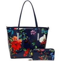 Fontanella Fashion Women's Fleur Glossy Flower Print Shoulder Tote Bag & Purse 2 in 1 in Navy