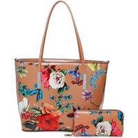 Fontanella Fashion Women's Fleur Glossy Flower Print Shoulder Tote Bag & Purse 2 in 1 in Light Brown