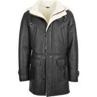 House of Leather Men's Mens Real Sheepskin Duffle Hooded Coat 3/4 Length Shearling Vincent in Black | Size: Small