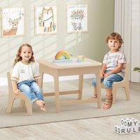 Costway Toddler Writing Double-sized Table 3 Pcs Kids Table & Chair Set in Natural