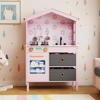 Costway Kids Play Kitchen Toy Kitchen Playset Chef Role Play w/ 2 Stoves in Pink