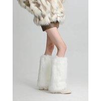 PEACH ACCESSORIES Women's Sleek Plain Faux Fur Plain Faux Leg Warmers in White