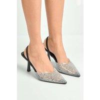 Miss Diva Women's Kiana Diamante Embellished Sling Back Pointed Toe Court Shoes in Black | Size: 3