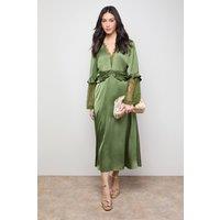 Oasis Women's Lace Sleeve Frill Waist V Neck Midi Dress in Olive | Size: 10