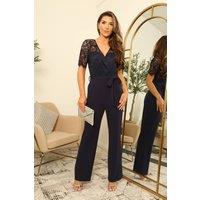 DOUBLE SECOND Women's Lace Wrap Flared Leg Jumpsuit in Navy | Size: 14
