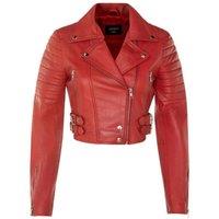 TruClothing Women's Real Leather Short Cropped Length Brando Style Biker Jacket in Red | Size: 14