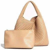 PEACH ACCESSORIES Women's Chic Weave Tote Handbag with Matching Clutch in Beige
