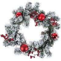 Homescapes Frosted Large Artificial Fir Wreath with Red Baubles, 19 Inch