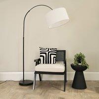 ValueLights Louis Black Arched Curved Floor Lamp with Fabric Drum Lamp Shade in White