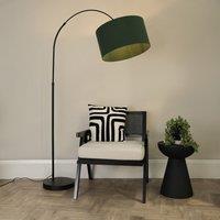 ValueLights Louis Black Arched Curved Floor Lamp with Fabric Drum Lamp Shade & LED Bulb in Bottle Green