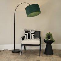ValueLights Louis Black Arched Curved Floor Lamp with Velvet Drum Lamp Shade & LED Bulb in Bottle Green