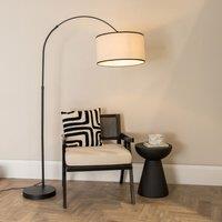 ValueLights Louis Black Metal Arched Floor Lamp with Linen Trim Drum Lamp Shade & LED Bulb