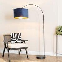 ValueLights Louis Black Arched Floor Lamp with Velvet Drum Metallic Gold Inner Shade in Dark Navy