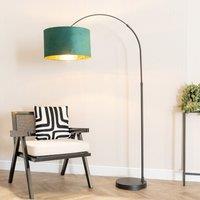 ValueLights Louis Black Arched Floor Lamp with Velvet Drum Metallic Gold Inner Shade & Bulb in Bottle Green