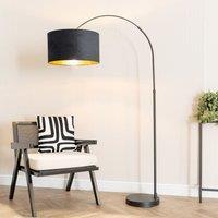 ValueLights Louis Black Arched Floor Lamp with Velvet Drum Metallic Gold Inner Shade & Bulb