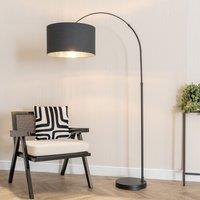 ValueLights Louis Black Arched Floor Lamp with Fabric Drum with Chrome Inner Shade & Bulb