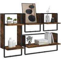 Berkfield Home Decorative 4 Piece Wall Shelf Set with Bars Smoked Oak Engineered Wood in Brown