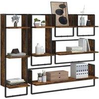 Berkfield Home Decorative 6 Piece Wall Shelf Set with Bars Smoked Oak Engineered Wood in Brown