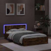 Berkfield Home Durable Bed Frame with Headboard & LED Smoked Oak 120x200 cm in Brown | Size: Small Double