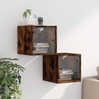 Berkfield Home Elegant Bedside Cabinets with Glass Doors 2 pcs Smoked Oak 35x37x35 cm in Brown | Size: 35 x 37 x 35 cm