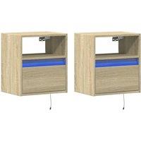 Berkfield Home Durable Wall-mounted Bedside Cabinets with LED Lights 2 pcs Sonoma Oak in Tan