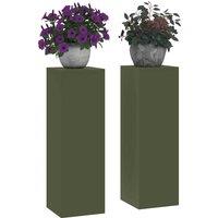 Berkfield Home Outdoor Plant Stands Pillar 2 pcs Olive Green 24x24x75 cm Steel | Size: 24 x 24 x 75 cm