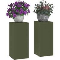 Berkfield Home Outdoor Plant Stands Pillar 2 pcs Olive Green 24x24x55 cm Steel | Size: 24 x 24 x 55 cm