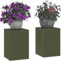 Berkfield Home Outdoor Plant Stands Pillar 2 pcs Olive Green 24x24x35 cm Steel | Size: 24 x 24 x 35 cm