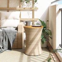 Berkfield Home Garden Side Table Drum Shape Beige Poly Rattan & Solid Wood