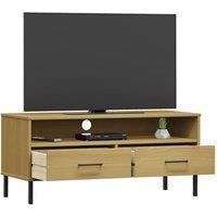 Berkfield Home TV Cabinet with Metal Legs Brown Solid Wood Pine OSLO in Light Brown
