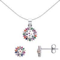 Jewelco London Women's Silver Rainbow CZ Clown Ruff Collar Cluster Earrings Necklace Set