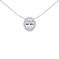 Jewelco London Women's Silver Oval CZ Oval Halo Solitaire Slider Pendant Necklace 18"