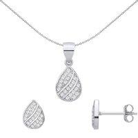 Jewelco London Women's Silver CZ Pear Teardrop Wavy Stripe Earrings & Pendant Set