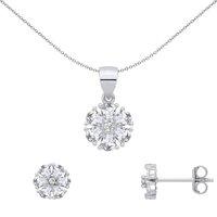Jewelco London Women's Silver Pear CZ Radiant Sunburst Daisy Earrings & Pendant Set