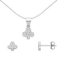 Jewelco London Women's Silver CZ Pave Shamrock Lucky Clover Clubs Earrings & Pendant Set