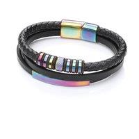 Jewelco London Men's Mens Black Leather Steel Rainbow Plaited ID Bar Strap Bracelet 8" in White