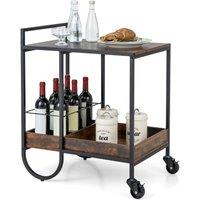 Costway Industrial Bar Trolley Cart Rolling Buffet Serving Cart W/ Metal Wire Wine Rack in Brown