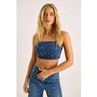 NastyGal Women's Denim Jewel Strappy Crop Top in Authentic Midwash | Size: 8