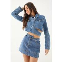 MissPap Women's Asymmetric Hem Denim Mini Skirt in Mid Wash | Size: 8