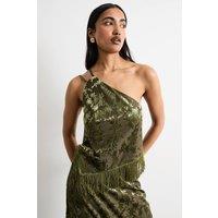 Warehouse Women's Devore One Shoulder Fringe Cami Top in Khaki | Size: 14