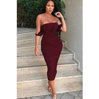 Femme Luxe Women's Bardot Cowl Neck Ruched Midi Dress in Wine | Size: 8
