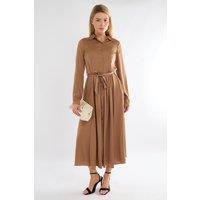 Love Sunshine Women's Layered Satin Long Sleeve Maxi Shirt Dress in Bronze | Size: 12