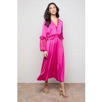 Oasis Women's Lace Sleeve Frill Waist V Neck Midi Dress in Fuchsia | Size: 12