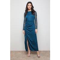Oasis Women's Lace Sleeve Split Front Satin Midaxi Dress in Teal | Size: 14