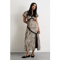 Warehouse Women's Animal Print Puff Sleeve Lace Trim Midi Dress With Split | Size: 14