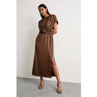 Warehouse Women's Leather Look Satin Twist Front Detail Midi Dress in Chocolate | Size: 14