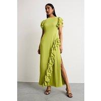 Warehouse Women's Side Split Ruffle Detail Maxi Dress in Lime | Size: 12
