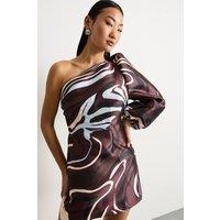 Warehouse Women's Petite Printed One Shoulder Puff Sleeve Mini Dress in Brown | Size: 8