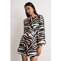 Warehouse Women's One Shoulder Puff Sleeve Mini Dress in Zebra | Size: 8