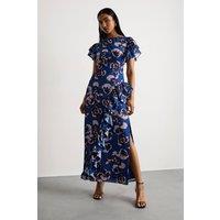 Warehouse Women's Side Split Ruffle Detail Maxi Dress in Floral | Size: 8